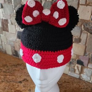 Kids Red & Black Crochet Minnie Mouse Beanie with Bow